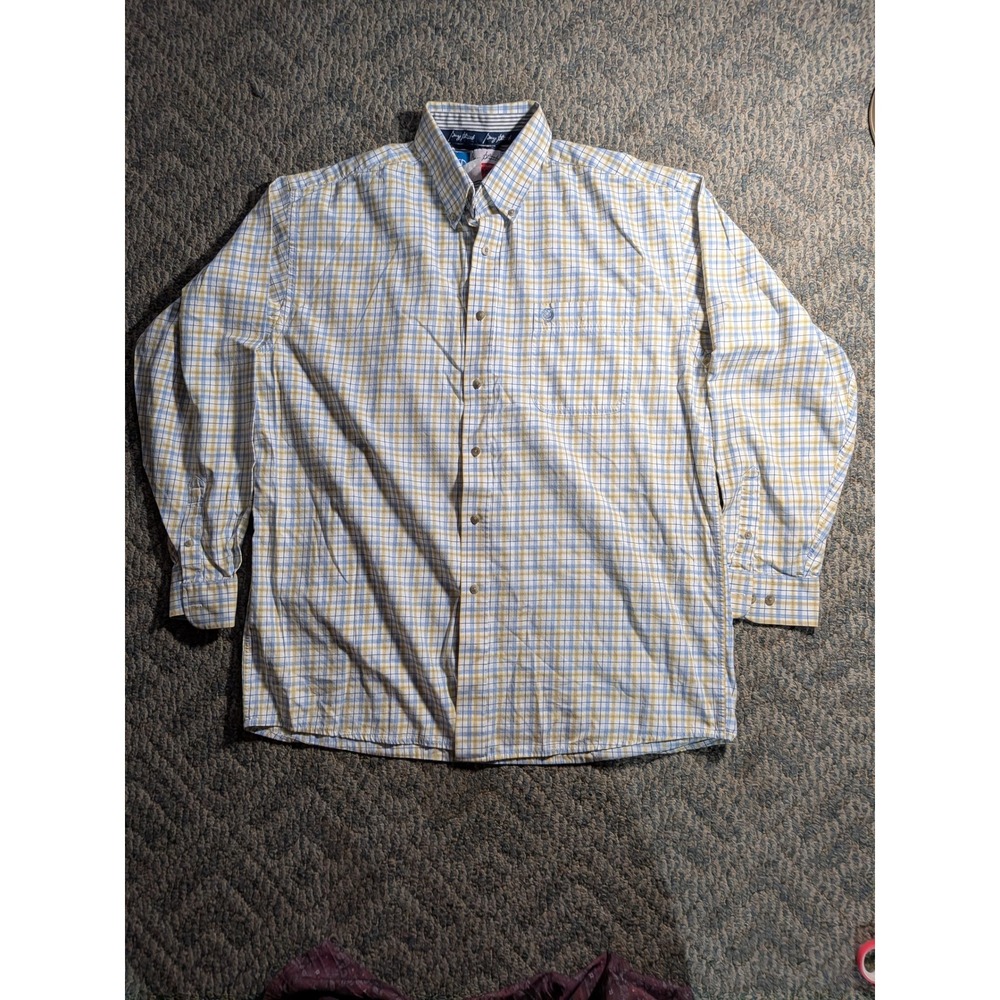 Wrangler George Strait Cowboy Cut Plaid Button Down Shirt Blue Yellow Mens XL